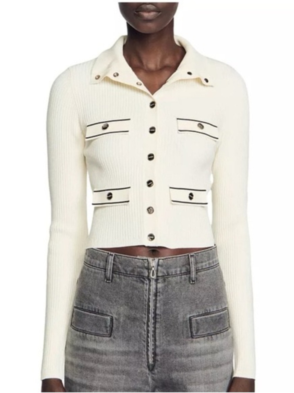 Sandro Cream Rib-Knit Cropped Button Jacket with Black Trim
